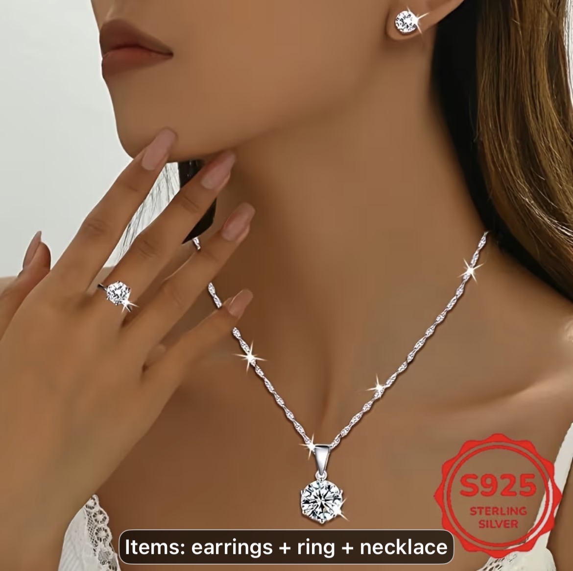 Halo Earrings, Ring & Necklace Set